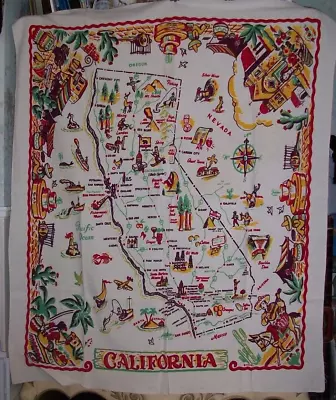 Vintage 40s Sayers California Map Tablecloth Cactus Cloth 44 X 51 • $55