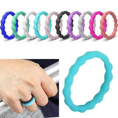 Silicone Wedding Bands Women Thin Wave Stackable Flexible Rubber Rings 3mm Width • $2.99