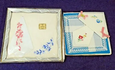 5 Vintage Handkerchiefs In Boxes Embroidered Crochet Lace Edges Very Nice  • $17.95