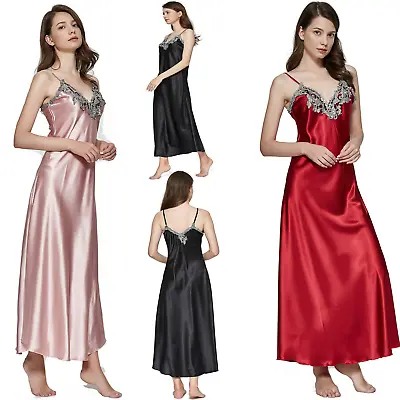 Long Chemise Sleepwear Robe Womens Nightdress Silk Negligee Lace Satin Nightgown • £24.12