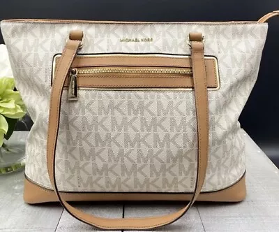 Michael Kors MK FRAME OUT Shoulder Bag Tote Vanilla/Acorn Leather EUC • $70