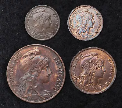 1898-1912 France (3rd Republic). Bronze 1 2 & 5 Centimes Coins. 4pcs! • $5