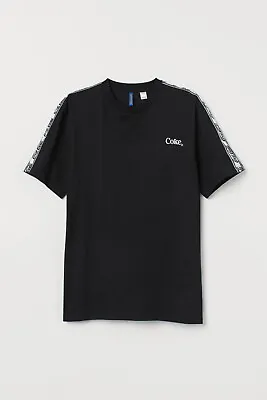 Mens T-shirt Black Short Sleeve Coca Cola Sleeve Tape Cotton Crewneck Shirt • £7.69
