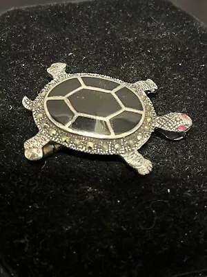 925 Silver - Vintage Black Onyx & Marcasite Sea Turtle Brooch Pin • $24.95