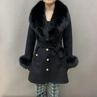 Women New Wool Coats Real Fur Big Collar Fur Jackets Lady Elegant Trench Coat • $223.88