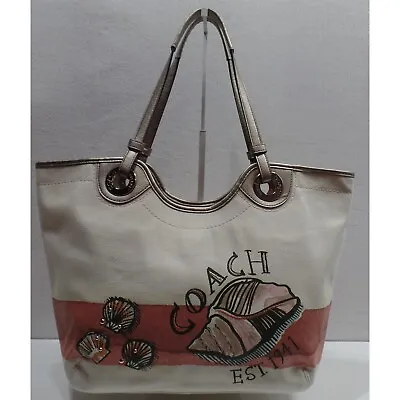 Coach F19273 Large Canvas Beach Tote Sea Shells Est 1941 Handbag Tan Coral H009 • $75.99