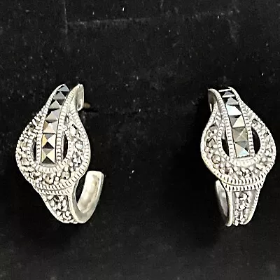 Judith Jack Vintage Sterling Silver Marcasite Belt Buckle Semi Hoop Earrings 925 • $42