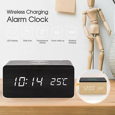 Digital Alarm Clock Wooden Table Desk Bedside LED Clock With Wireless Charger AU • $34.98