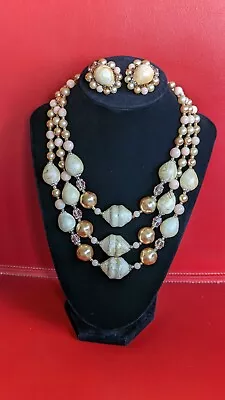 Vtg Peach Crystal Beige Bead Multi Strand  Necklace Earring Set JAPAN • $20