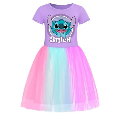 Kids Girls Stitch Rainbow Stars Tulle Princess Party Fancy Tutu Dress With Bag • £9.49