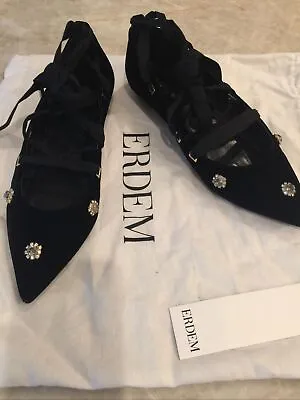 Erdem Black Velvet Embelished Rhinestone Flats Shoes SZ 8.5 Wrap  Laces • $240