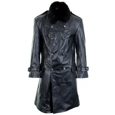 WW2 Russian Navy Officer Leather Coat - Fur Collar Double Breasted • $287.43