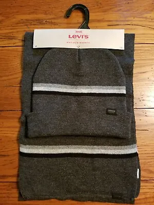 NWT Mens Levis Maximum Warmth Striped Beanie Hat Scarf Set Charcoal Grey OS • $18.72