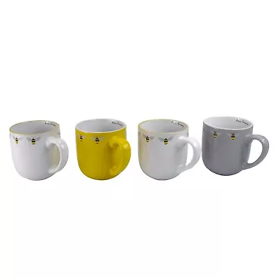 Set Of 4 Bee Happy Printed Mugs Tea Coffee Cups Kitchenware Mug Premium Quality • £12.99