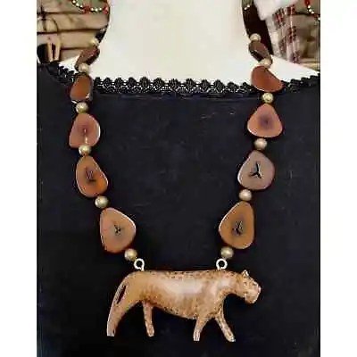 Vintage Carved Wood Necklace Cheetah Lion Leopard Tagua Nut African Tribal Boho • $27.20