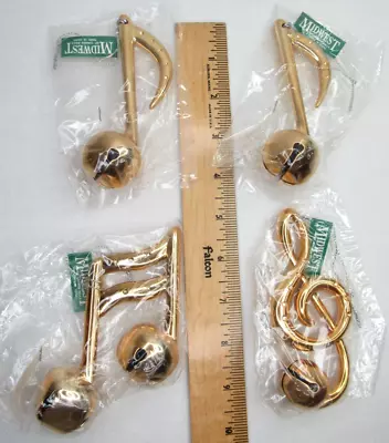 4 Vtg MIDWEST Of Cannon Falls Gold Metal MUSIC NOTE BELL Ornaments Christmas New • $17.97