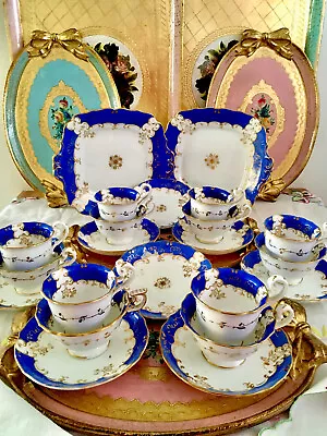 Antique Coalport Tea Cups True Trios Cake Plates Celeste Blue Gold Tea Set X22 • £275