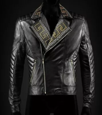 New Genuine Men Leather Gold & Sliver Studded Jacket Black With Slashed Pockets • $175