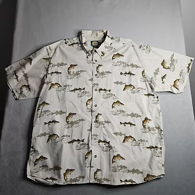 Cabelas Shirt Men’s 2XL Tall Tan All Over Fish Print Button Down Canvas Outdoor • $14.88