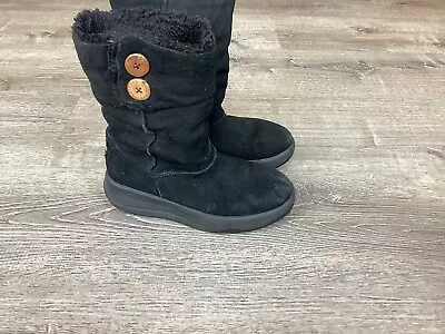 Skechers Womens Tone Ups Comfort Boots Black Leather Button Mid Calf Pull On 6 • $19.54