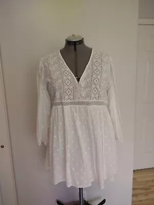 Zara Women White Shana Dress 3/4 Sleeve Above Knee Eyelet V Neck Comfort Size XL • $29.99