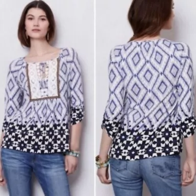 Anthropologie Top Med Vanessa Virginia Ikat Boho Tassel Tie Crochet Lace Blouse • $13.49