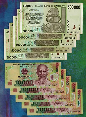 5 X 500000 Zimbabwe Dollars + 5 X 10000 Vietnam Dong Certificate Authenticity • $22.39