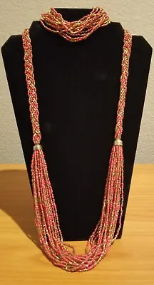 **Vintage Brass Red Gold Seed Beads Necklace And Bracelet** • $12.99