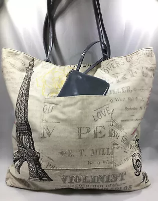 REVERSIBLE CANVAS TOTE BAG Paris Eiffel Fleur De Lis Damask Gray/Cream +Wristlet • $9.95