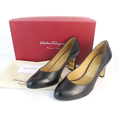 Salvatore Ferragamo Black And Gold-toned 'Tamina' Heels W Original Box. Size 7 • $349