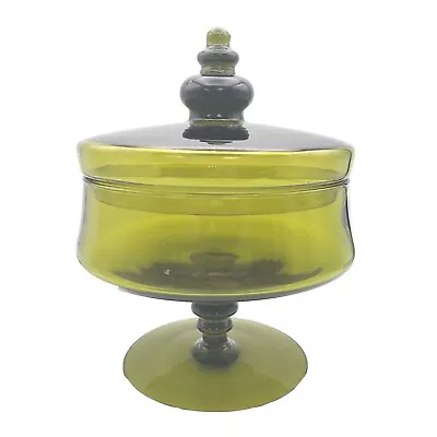 Vtg Empoli Candy Jar & Lid Glass Olive Green Footed Baluster Form Stem & Crown  • $40.60