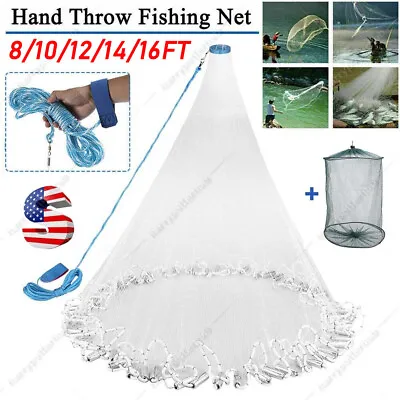 6/8/10/12/16FT Fishing Cast Net Bait Easy Throw Hand Cast Strong Nylon Mesh USA • $24.99