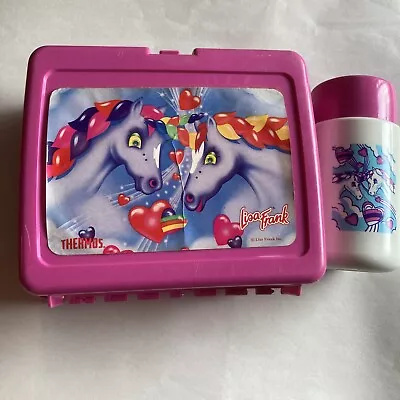 Vintage Lisa Frank Pink Unicorn Plastic Lunch Box & Matching Thermos 90s 1990 • $25