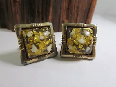 Opal Pebbles & Gold Flake Embedded Acrylic Vintage Cuff Links L3 • $9.99