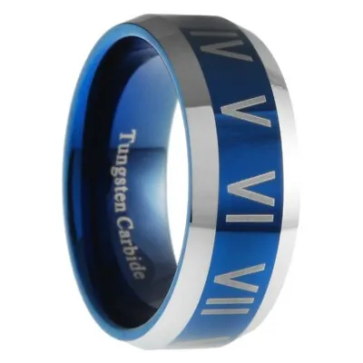 8mm Tungsten Carbide Mens Blue Roman Numeral Mens Wedding Band Ring Size 9-13 • $8.99