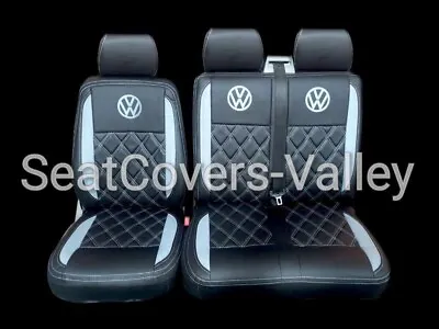 VW Transporter T5 T6 Front Row (1+2) 3 Seater Leatherette Seat Covers VW Logos • $205.35