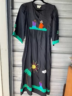 Vintage 1970's Mexican Embroidered Black Folk Dress Maxi Midi Casual Summer S/M • $74.95