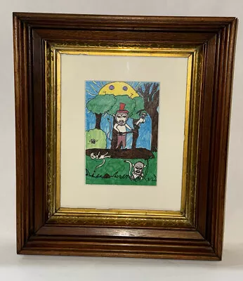 Vintage Naive Artwork “Monkey With A TopHat” Antique Wood Framed 14.5”X 12.5” • $65