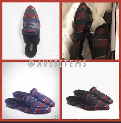 J.Crew Academy Loafer Mules Faux Fur Lining Navy Burgundy Stripe Sz 6 #K2680 NIB • $75.50