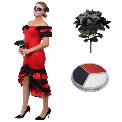 Ladies Red Rumba Dress Day Of The Dead Costume Spanish Halloween Fancy Dress • £18.99