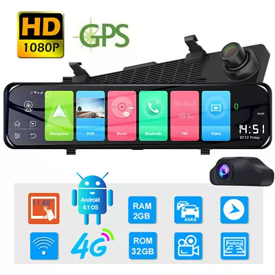 1080P HD 12  Android 8.1 WIFI 4G Dual Lens Car GPS Rearview Mirror Dash Cam DVR • $138.32