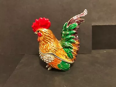 Bejeweled & Enameled Colorful Rooster Hinged Trinket Box With Magnetic Closure • $17.50