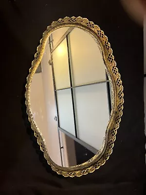 Vtg Antique Gold Filigree Mirrored Curved Oval Vanity Tray For Perfumes • $20