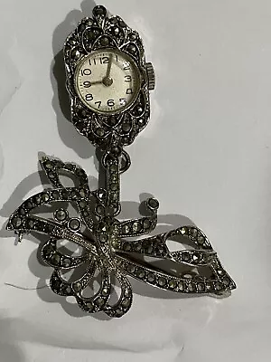 Antique Marcasite Sterling Silver Brooch Hand Winding SWISS  Watch • $600