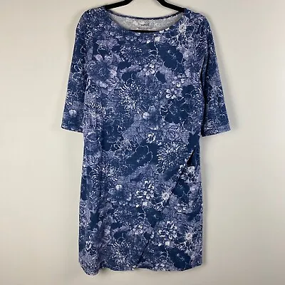 Pure J Jill Wrap Style Dress Medium Blue Floral 3/4 Sleeve Pockets Cotton Modal • $15.96