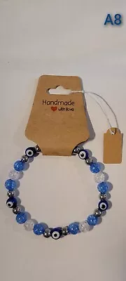 BLUE EVIL EYE BRACELET Beaded Stretch Protection Mal De Ojo Kabbalah Bracelet  • $7.89