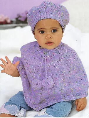 Baby Girls Poncho Beret Hat KNITTING PATTERN DK 16 - 26  Childs Winter Cape • £2.15