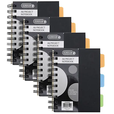 (Pack Of 4) A6 Spiral Ruled Lined Project Notebook 276 Pages & Colour Separation • £6.99