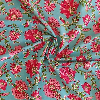 Indian Hand Block Print Turquoise Blue & Red Floral 100% Cotton Women Fabric • £8.99