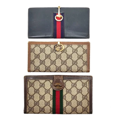 $50 • Buy Vintage Gucci Wallet 3 Pieces Set   Leather PVC Browns Leather 3601904